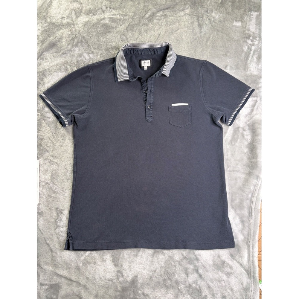 Armani Collezioni Men's Polo Shirt XXL Blue Cotton Striped Collar Short Sleeve